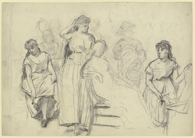 Figuras sentadas e de pé de «Preparação para o baile de máscaras» de Otto Scholderer