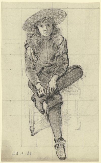 Rapaz sentado em traje histórico de «Preparação para o baile de máscaras» de Otto Scholderer