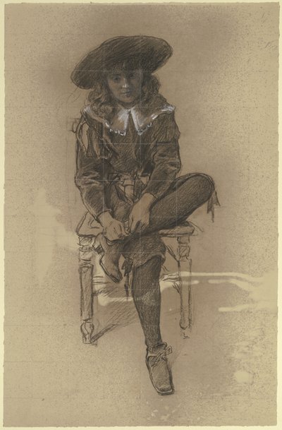 Rapaz sentado em traje histórico da «Preparação para o baile de máscaras» de Otto Scholderer