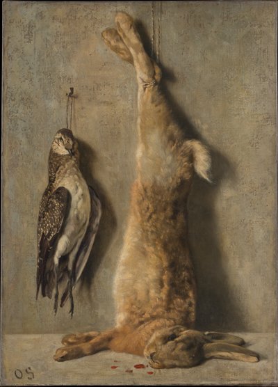 Natureza-morta com lebre morta e galinha-da-guiné diante de um muro cinzento de Otto Scholderer