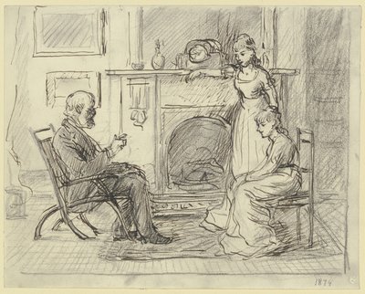 Três pessoas junto à lareira de Otto Scholderer