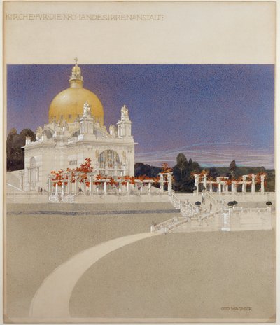 Igreja do Asilo Steinhof, o hospital central de Viena para doentes mentais ... (lápis de cor, caneta, tinta e aguada) de Otto Wagner
