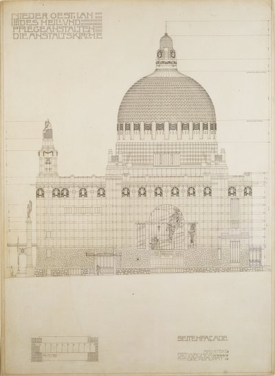 Esboço da igreja de Steinhof, o hospital central de Viena para doentes mentais ... de Otto Wagner
