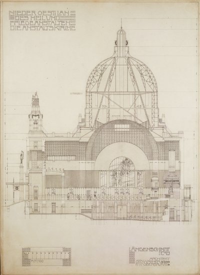 Projeção vertical da igreja de Steinhof, o hospital central de Viena para doentes mentais ... de Otto Wagner