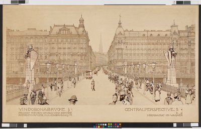 Ponte Vindobona / Projeto para a nova construção da ponte Rothenthurmstraße - Lilienbrunngasse. Perspetiva central de Otto Wagner
