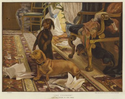 Três dachshunds à volta de uma cadeira numa sala de estar (cor litho) de Otto Weber