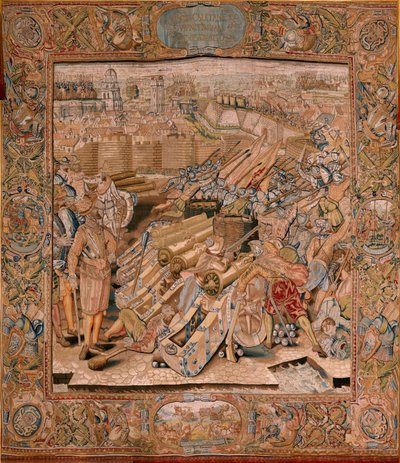 tapeçaria flamenga. Série Triunfos e batalhas do arquiduque Albert. Assalto à cidade de Calais (Asalto de la plaza de Calais). Segunda tapeçaria da série. Modelo Otto van Veen e Hans I Snellinck. Manufatura Martin Reynbouts, Bruxelas de Otto van Veen