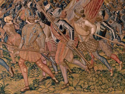 Tapeçaria flamenga. Série Triunfos e batalhas do Arquiduque Albert. Ataque nocturno a Ardres ou Captura da cidade baixa de Ardres (Asalto nocturno de Ardrés o Toma de la baja villa de Ardrés). Terceira tapeçaria da série. Modelo Otto van Veen e Hans I Snel de Otto van Veen