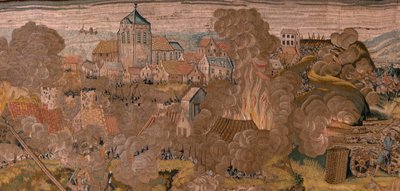 tapeçaria flamenga. Série Triunfos e batalhas do arquiduque Albert. Ataque noturno a Ardres ou Captura da cidade baixa de Ardres (Asalto nocturno de Ardrés o Toma de la baja villa de Ardrés). Terceira tapeçaria da série. Modelo Otto van Veen e Hans I Snell de Otto van Veen