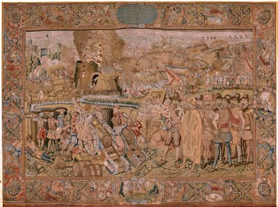 Tapeçaria flamenga. Série Triunfos e batalhas do Arquiduque Albert. A captura da cidade de Hulst (Toma de la Plaza de Hulst). Sétima tapeçaria da série. Modelo Otto van Veen e Hans I Snellinck. Fabrico Martin Reynbouts, Bruxelas de Otto van Veen