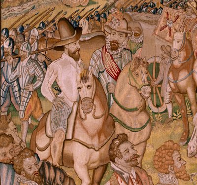 Tapeçaria flamenga. Série Triunfos e batalhas do Arquiduque Albert; A guarnição de Ardres retira-se para França (Retirada a Francia de la Guarnición de Ardrés). Quarta tapeçaria da série. Modelo Otto van Veen e Hans I Snellinck. Fabrico Martin Reynbou de Otto van Veen