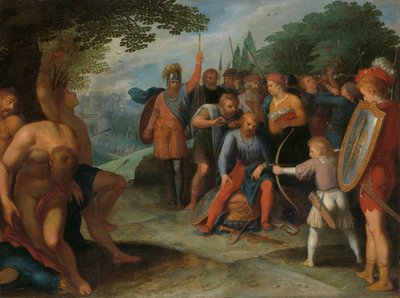 Julius Civilis cortando o cabelo após a queda de Vetera, enquanto seu filho mata alguns dos cativos Após a queda de Vetera, Castra Claudius Civilis corta o cabelo enquanto seu filho atira em alguns prisioneiros um de uma série de doze sobre a Insurreição d de Otto van Veen