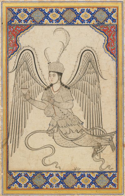 Anjo, voador, com copo e frasco de vinho (Tinta, lavagem a cores e ouro sobre papel) de Ottoman School