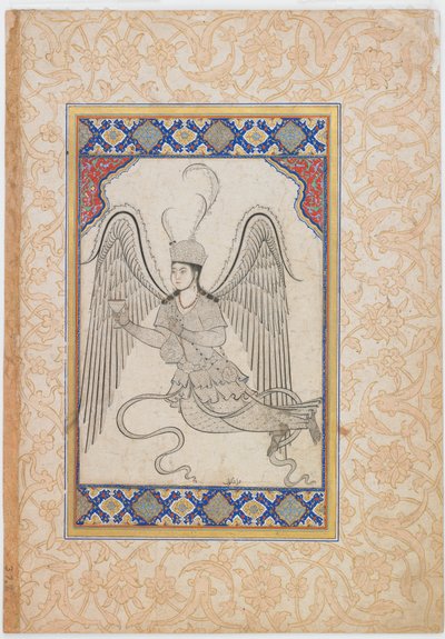Anjo, voador, com copo e frasco de vinho (Tinta, lavagem a cores e ouro sobre papel) de Ottoman School