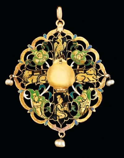 Conjunto de joias armênio e relicário esmaltado (pedras preciosas, esmalte e pérolas incrustadas em ouro) de Ottoman School