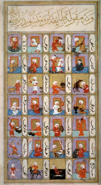 Astrologia: representação das diferentes actividades do homem segundo os planetas: músico, carpinteiro, tecelão, fabricante de camelos, copista, pintor, alfaiate. Miniatiure do manuscrito otomano 242 "Matali 