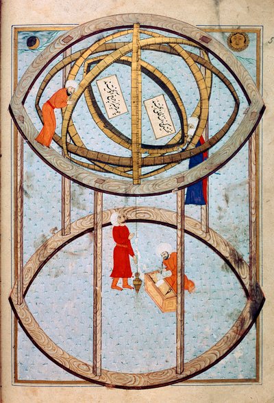 Astrônomos manipulando uma enorme esfera armilar e ferramentas para medir longitude e latitude Miniatura do manuscrito ms. FY 1404 "Sehinsahname" (ou Shahinshah-nama ou Shahinshah-nameh, Shahinshah nama ou Shahinshah nameh) "A história do rei de de Ottoman School