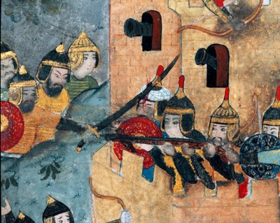 Cena de batalha entre o exército otomano de Murad III (1546-1595) (esquerda) e os defensores de um forte tártaro Detail. Miniatura de códice R-1296. Biblioteca do Museu Topkapi Sarayi do século XVI Istambul de Ottoman School