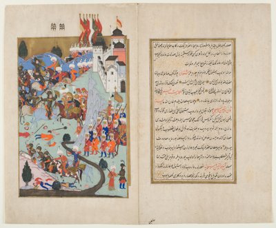 Bayezid I, The Thunderbolt, Rouba os Cruzados na Batalha de Nicópolis, do Hunernama (wc opaco e tinta no papel) de Ottoman School