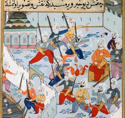 Captura de Constantinopla: o exército do Sultão Otomano Mehmed II (Mehmed II o Conquistador ou Muhammad II Fatih) (1430-1481) no Corno de Ouro sitiou a cidade de Constantinopla em 1453. Miniatura do século XV. Biblioteca do Museu Topkapi Sarayi em Istambul de Ottoman School