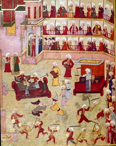 Festas organizadas por ocasião da circuncisão do filho do Sultão Otomano Murad II (Murat) (1404-1451), malabaristas, acrobatas e ourives vieram apresentar amostras Miniatura do século XVI Istambul, Topkapi Sarayi Biblioteca do Museu de Ottoman School