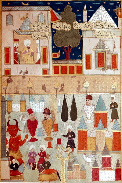 Festas organizadas por ocasião da circuncisão do filho do Sultão Otomano Murad II (Murat) (1404-1451), preparação de fogos de artifício Miniatura do século XVI Istambul, Biblioteca do Museu Topkapi Sarayi de Ottoman School