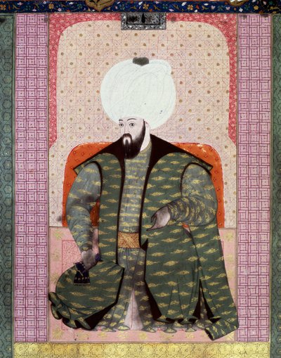 Império Otomano: "Retrato do Sultão Otomano Bajazed (Bayezid, Bajazet, Bayazid) II o Justo (1447-1512)" Miniatura do manuscrito (Ms. 1973, folio 62a) "Zubdat al Tawarikh" (Zubdat al Tawarikh) (Creme das Histórias) do historiador Seyid Loqid Ashuri 1 de Ottoman School