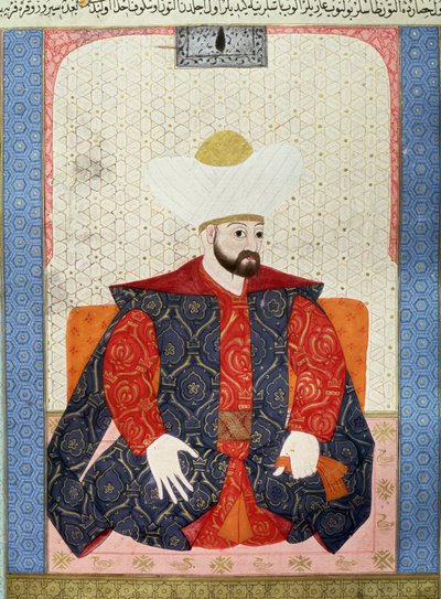 Império Otomano: "Retrato do Sultão Otomano Murad I (1326-1389)" Miniatura do manuscrito (Ms. 1973, folio 62a) "Zubdatat-al-Tawarikh" (Zubdat al-Tawarikh) (Creme das Histórias) do historiador Seyyid Loqman Ashuri 1538. Museu de Arte Turco e Islâmico de Ottoman School