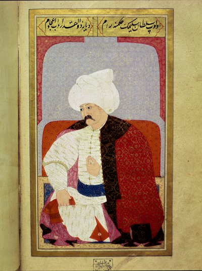 Império Otomano: "Retrato do Nono Sultão Otomano Selim I Diz o Terrível ou o Cruel (1470-1520)" Miniatura do manuscrito "Fisionomia Humana (Sobre os Arranjos Pessoais dos Otomanos) de Seyyid Lokman Hussein. (Ms. ty6087 folio 44b) de Ottoman School