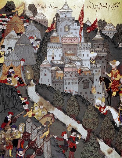 Império Otomano: O Sultão Bayezid I (Bajazet) (1360 por volta de 1402) regressou vitorioso à cidade de Nicópolis após a batalha com o mesmo nome em 25/09/1396. Miniatura do século XVI. Istambul, Biblioteca do Museu Topkapi Sarayi de Ottoman School