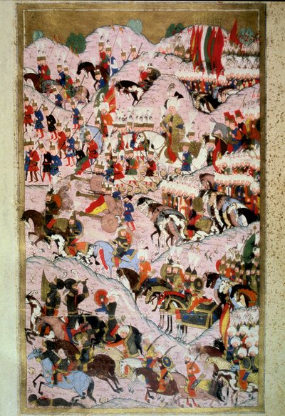Império Otomano: "Sultão Soliman (Suleyman) Eu disse o magnífico na Batalha de Maomé em 29/08/1526 contra o exército do Reino da Hungria, comandado pelo Rei Luís II" Miniatura de "Hunername" de Lokman, vol. 1 (H 1523, f.256b) 1584 Topkapi S de Ottoman School
