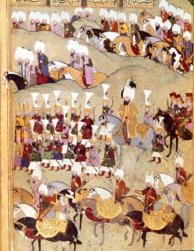 Império Otomano: "representação do Sultão Otomano Murad II (Murat) (1404-1451) e sua Armee durante a invasão da Pérsia" Manuscrito miniatura ms. FY 1404 "Sehinsahname" (ou Shahinshah-nameh ou Shahinshah-nameh, Shahinshah nama, Shahinshah nameh) de Ottoman School