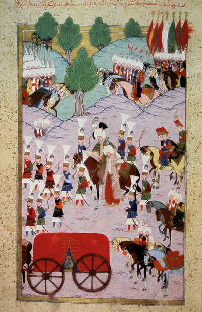 Império Otomano: representação do Sultão Soliman (Suleyman) Eu disse o magnífico (1520-1566) e seu exército. Miniatura de "Hunername" de Lokman, vol. 1 (H 1523, f.7) 1584 Topkapi Sarayi Biblioteca do Museu de Istambul de Ottoman School