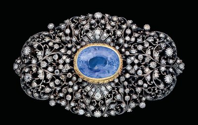 Broche Otomano de diamante e safira incrustado (safira e diamantes incrustados em ouro e prata) de Ottoman School