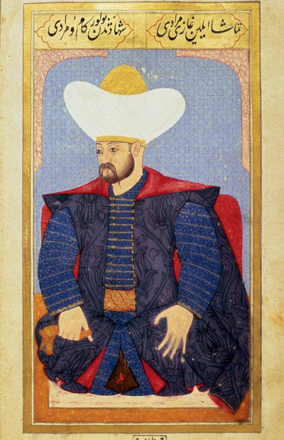 Retrato do Sultão do Império Otomano Murad I (1326-1389) Miniatura do manuscrito "Fisionomia humana (Sobre arranjos pessoais dos otomanos) de Seyyid Lokman Hussein. (Ms. ty6087 folio 27b) de Ottoman School