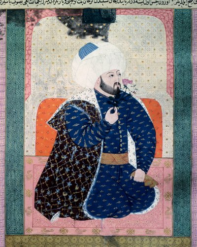 Retrato do sultão do Império Otomano Mehet II (Mehmet II o Conquistador ou Mehmed II Fatih) (1430-1481) Miniatura do manuscrito (Ms. 1973, folio 62a) "Zubdat-al Tawarikh" (Zubdat al-Tawarikh) (Creme das Histórias) do historiador Seyyid Loqman As de Ottoman School