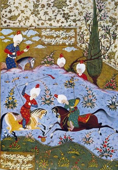 Príncipe jogando polo, ilustração de Divan-i Nevai, coletou poemas de Ali Sir Nevai de Ottoman School