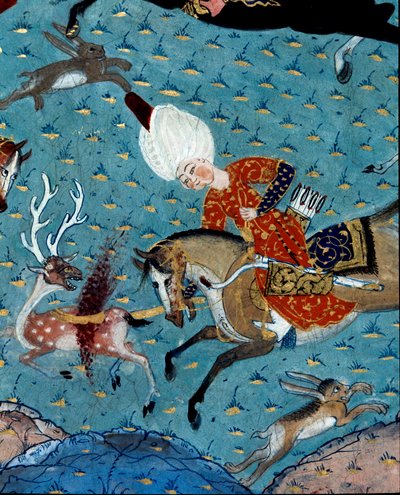 Representação dos cortesãos do Sultão Murad II (Murat) (1404-1451) caçando cervos e lebres Detalhe. Miniatura do século XVII. Istambul, Biblioteca do Museu Topkapi Sarayi de Ottoman School