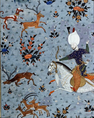 Representação dos cortesãos do Sultão Murad II (Murat) (1404-1451) caçando veados Detalhe. Miniatura do século XVII. Istambul, Biblioteca do Museu Topkapi Sarayi de Ottoman School