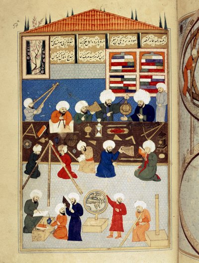 Ciência e Islamismo: "descrição do observatório astronômico do cientista árabe Taqi al-Din (Taqi al Din ou Takiyuddin) (1526-1585) construído sob Murad III em Istambul em 1577, os astrônomos trabalham com instrumentos" Manuscrito miniatura ms. FY 1404 " de Ottoman School