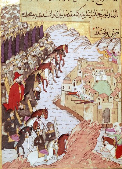 Segunda Cruzada (1147-1149): as Cruzadas em frente à cidade de Aleppo, na Síria. A miniatura do século XVI. Topkapi Sarayi Istambul de Ottoman School