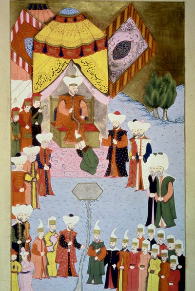 Sultão Bayezid (ou Bajazet) I (1360-ca. 1402) tem sua Corte Miniatura do "Hunername" de Lokman, vol. 1 (H 1523, f.7) 1584 Biblioteca do Museu Topkapi Sarayi Istambul de Ottoman School