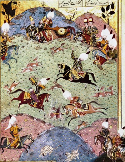 O Imperador Otomano Soliman (Suleyman) I o Magnífico (1494-1566) caçando Miniatura de 