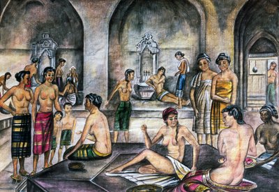 Banho turco, aguarela, civilização otomana de Ottoman School