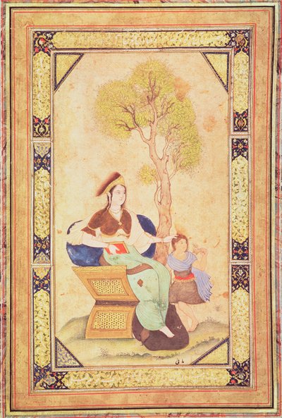 Mulher sentada com uma jovem garota em um jardim, do álbum de peças calligraphiees et de miniatures (miniatura) de Ottoman School