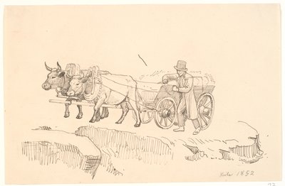 Um agricultor caminhando ao lado de seu carro de boi de P.C. Skovgaard