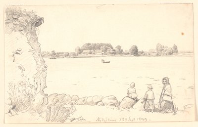 Uma senhora e duas crianças em Guldborgsund. Nykøbing Falster. de P.C. Skovgaard