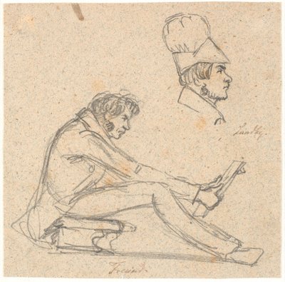 ELE. Freund sentado em um banquinho olhando um desenho. Acima de t.h. retrato de perfil de J. Th. Adeus. de P.C. Skovgaard