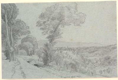 Paisagem montanhosa italiana com vista para "Genazzano 9 de julho de 1869". de P.C. Skovgaard