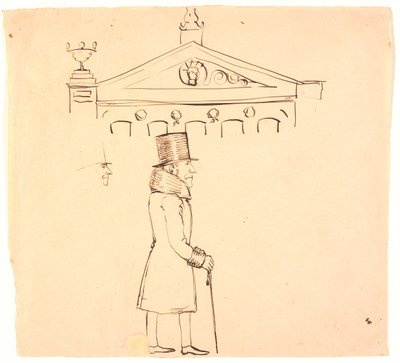 Caricatura de um cavalheiro vestido de peles fora do Casino. de P.C. Skovgaard